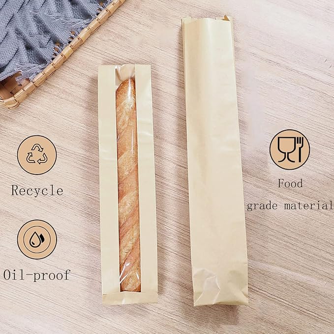 100 Pack Baguette Bags,Kraft Paper Bread Bags for Homemade Bread, Long French Bread Bags with Clear Front Window(23.5 x 4.3 x 1.6 Inch)