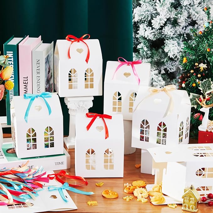 Engrowtic 25 Sets Medium House Shaped Gift Boxes with Ribbons House Shaped Paper Bakery Packaging Candy Box for Treats Real Estate Agent Gift Christmas Gingerbread Wedding Birthday Bridal Shower