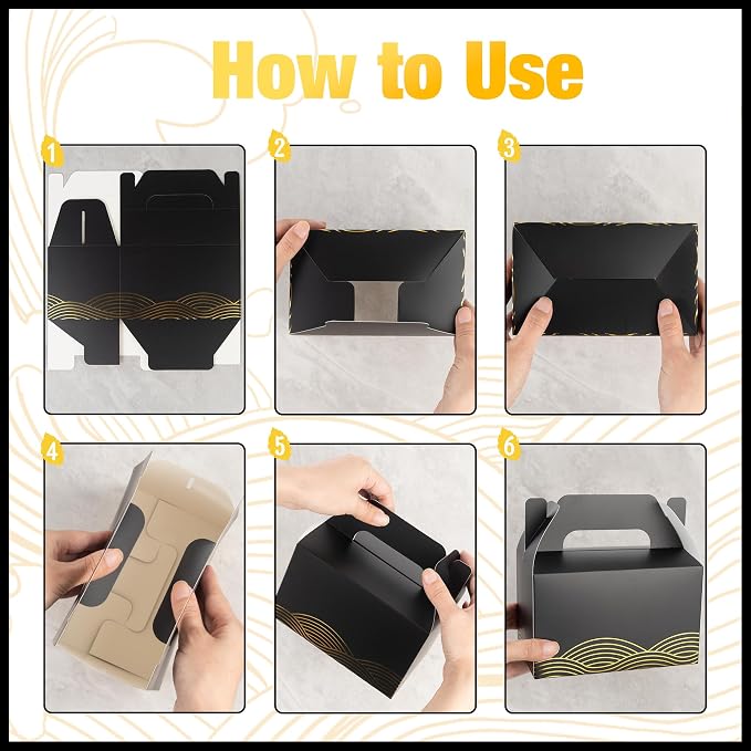 10 PCS Black Gable Favor Treat Boxes, 6.5 x 4 x 4 Inches Elegant Gift Box with Handle for Guests, Goodie Gift Boxes for Candy, Cookie, Busniess, Annivesary Parties, Graduation, Birthday, Wedding, Wave