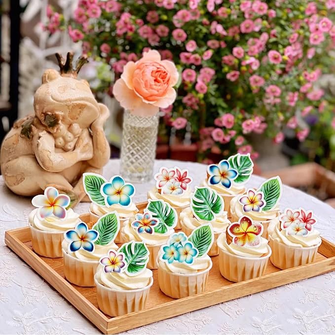 50Pcs Edible Frangipani Cupcake Toppers Edible Monstera Leaves Cupcake Picks for Hawaiian Floral Bridal Shower Engagement Wedding Cake Decors Hawaii Girls Birthday Party Decorations