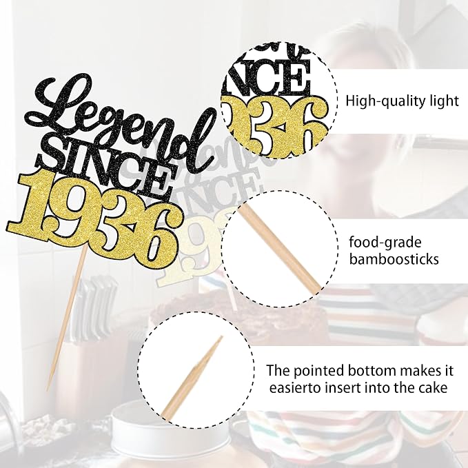 1 PCS Legend Since 1936 Cake Topper Black Gold Glitter Ninety Happy 90th Birthday Cake Pick Cheers to 90 Years Birthday Cake Decoration for 90th Birthday Anniversary Party Decorations Supplies