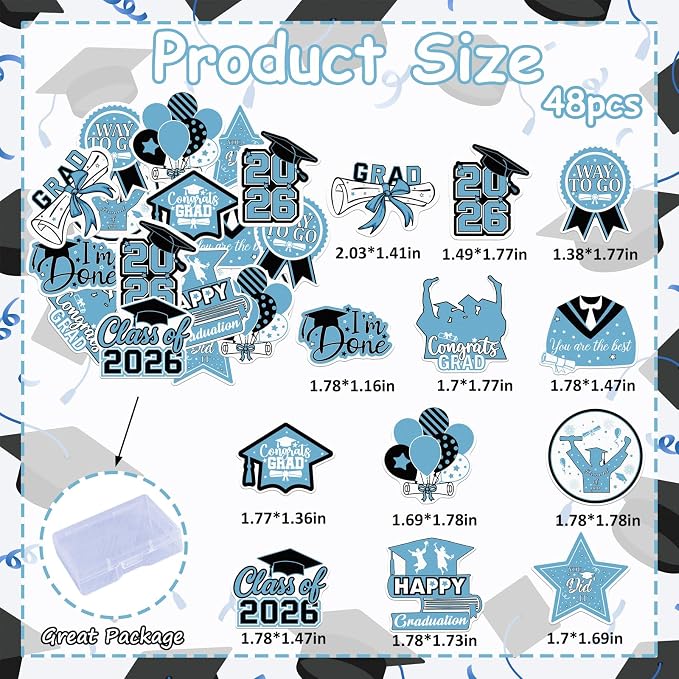 48pcs Edible 2026 Graduation Cupcake Toppers Wafer Paper Light Blue Class of 2026 Cake Decorations Edible Congrats Grad Cupcake Picks for 2026 Graduation Theme Party Cake Supplies
