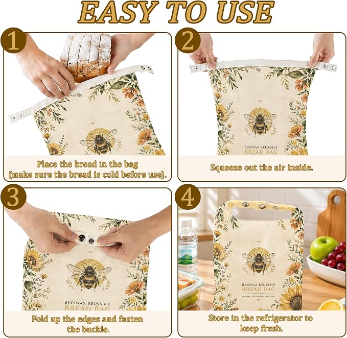Bee Sunflower Bread Bags for Homemade Bread, Botanical Garden 2 Pack Linen and Beeswax Sourdough Storage Bags, Reusable Keeper, Keeps Breads Fresh Longer, Gifts for Bakers