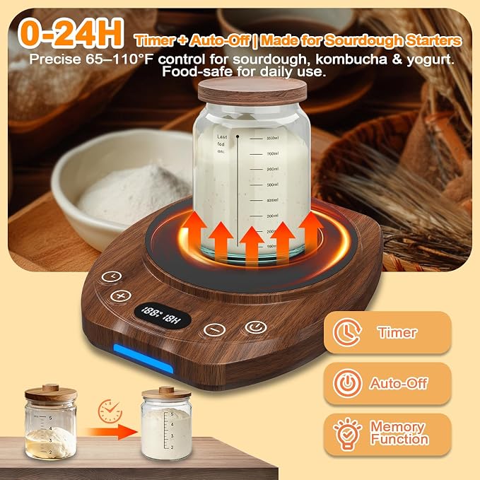Sourdough Starter Warmer Mat,65-110°F 1°F Precision, 24H Timer & Memory, Electric Heating Mat for 24-40oz Jars, Home Baking（Wood grain）