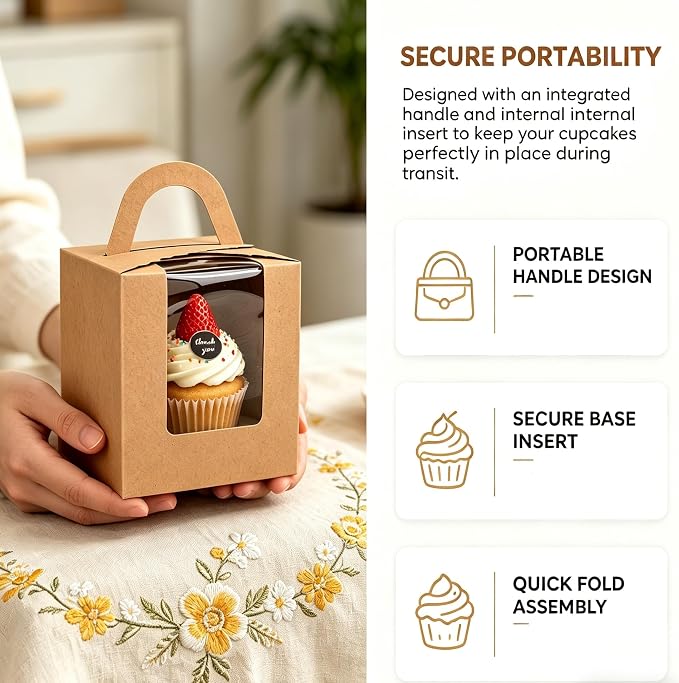 120 Pack Single Cupcake Box, Kraft Paper Individual Cupcake Container with Window Inserts, Brown Cupcake Packaging Box with Handles for Muffin, Cocoa Bomb, Party Favor Pastry Treat Boxes