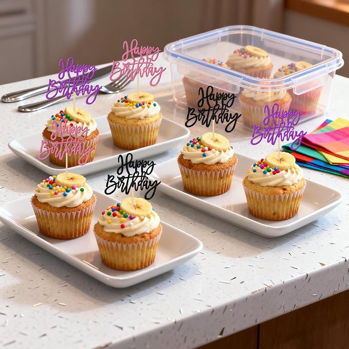 24 PCS Happy Birthday Cupcake Toppers Glitter Happy Birthday Cupcake Picks for Celebrating Anniversary Theme Party Cake Decorations Supplies Black Purple Pink