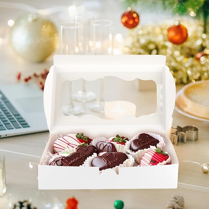 30 PCS Chocolate Covered Strawberries Boxes, 10 x 6 x 2 inch White Bakery Pie Boxes with Window, Cookies Box for Dessert Chocolate Covered Strawberries, Cakes