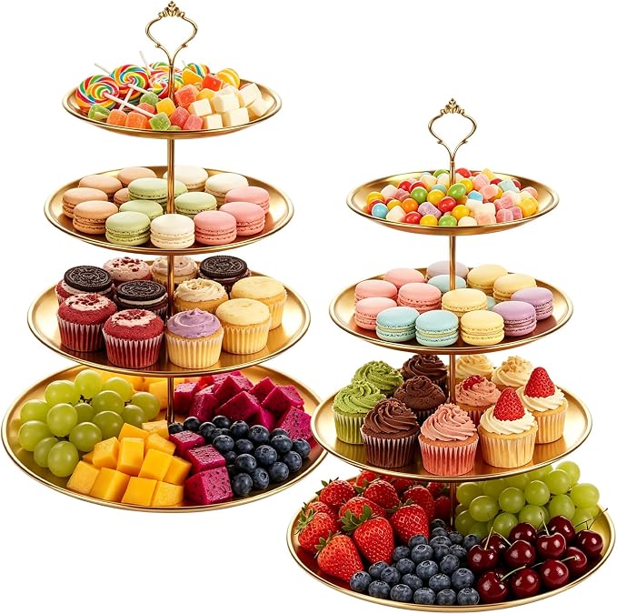 QTLCOHD 2 Pcs 4 Tier Stainless Steel Cupcake Stand | Gold Tiered Dessert Stand for Wedding & Birthday Party