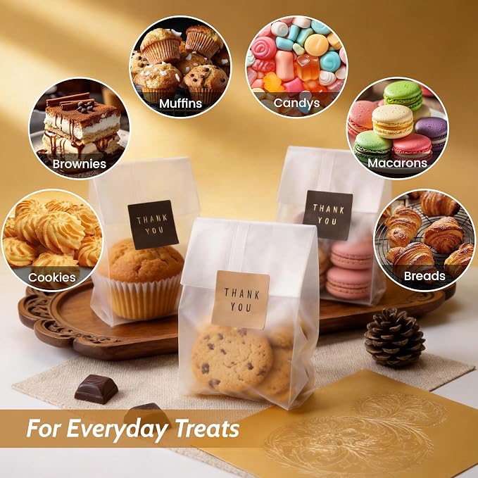 Cookie Bags for Packaging, 100 Pack Treat Bags with Thank You Stickers, 9 x 3.4 Inch for Individual Muffins, Brownies, Candy, Party Favors and Graduation Gift Bags