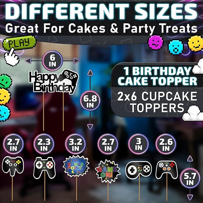 13 Pcs Gamer Cake Topper - Sturdy Cardboard Gamer Cake Decorations with Detailed Gamepads, Video Game Cake Topper Easy & Firm Installation Sticks - Splashy Video Game Decorations for Boys & Girls