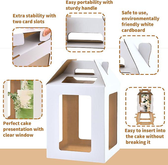 XININSUN Tall Cake Boxes with 6 windows,12x12x14 Tall Cake Carrier, Tiered Cake Box, Layer Cake Box, large cake box,Ideal for 10" & 12" Tiered Cakes (2 Pack-White)