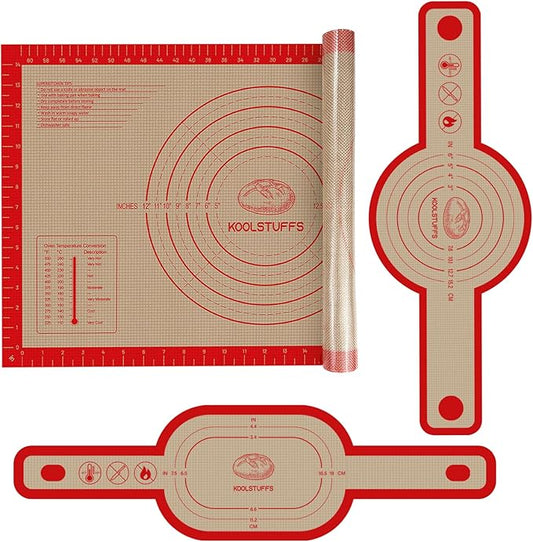 Silicone Bread Sling and Pastry Mat, 3 PCS Non-Stick & Easy Clean Reusable Silicone Bread Baking Mat with Long Handles, Easy to Transfer Sourdough Bread (Pastry Mat＆Oval and Round Bread Sling, Red)