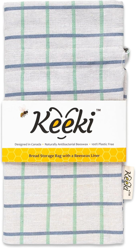 Keeki Bag - The Original Beeswax-Lined Bread Storage Bag, Longer Blue | Reusable Linen, Plastic-free Beeswax Wrap Alternative, Wide Opening & Drawstring Closure fits Long Loaves & Baguettes