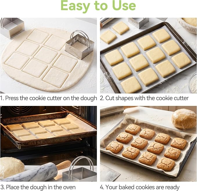 USLAI Biscuit Cutter Set (1.75, 2, 2.5, 2.75, 3.25 Inch), Stainless Steel Square Cookie Cutter with Handle, Professional Kitchen Baking Dough Tools, 5 Pieces - Square
