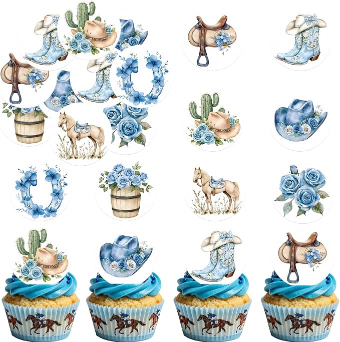 36PCS Edible Floral Horse Cupcake Toppers Wafer Paper Blue Pop-up Derby Horse Cowboy Cake Picks Edible Rodeo Western Boots Cupcake Toppers for Jockeys Equestrian Theme Supplies