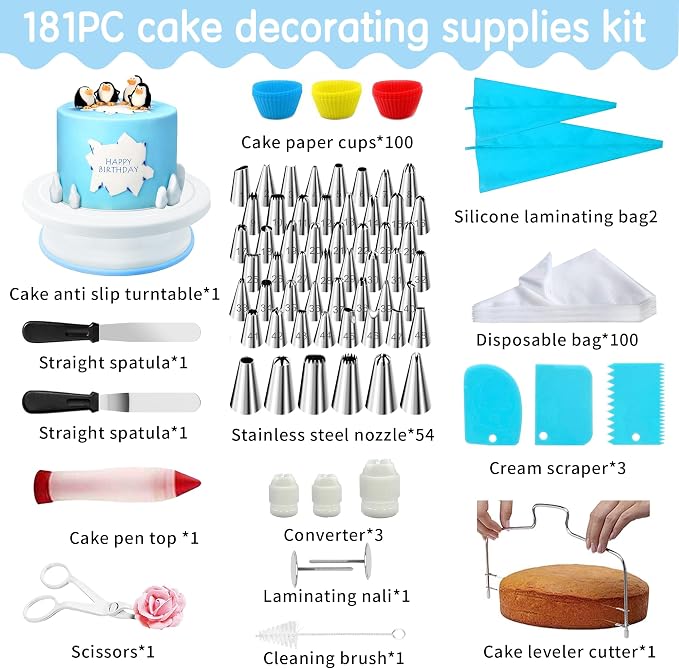 Cake Decorating Supplies180 Set,Steel Piping Frosting Tips For Beginners With Cake Turntable Icing SpatulaCake Spatula,baking tools and accessories for cakes Cake Spinner for decorating