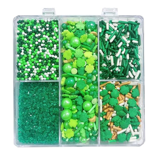 PhilaeEC St Patricks Mix Sprinkles Edible for Cake Decoration Green White Shamrock Nonpareils Jimmies Sprinkles Cake Baking Cookie Cupcake Toppers Decoration Supplies