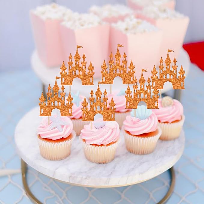 24 PCS Castle Cupcake Toppers Glitter Princess Cupcake Toppers Castle Theme Birthday Party Decoration Princess Happy Birthday Cake Decoration for Baby Shower Princess Birthday Party Supplies Orange