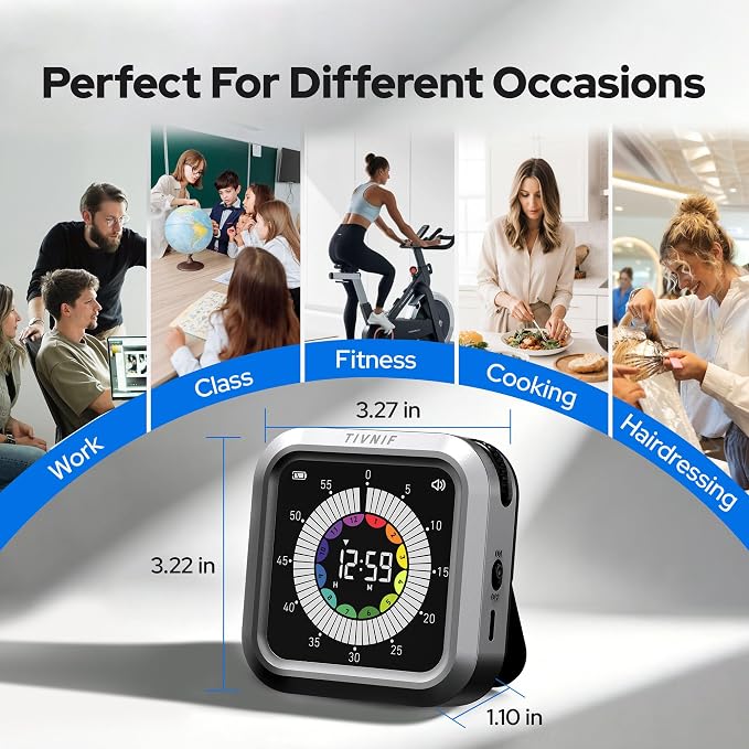 Visual Timer for Kids with Color Display Kitchen Timer 1500mAh Battery | Memory Function Scroll Wheel Control, Magnetic Back with Stand, Up to 12h59m Countdown, Kitchen, Study & Classroom