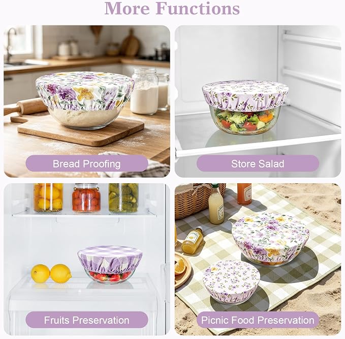Reusable Bowl Covers for Bread Proofing 4pcs,Linen Cotton Sourdough | Breathable,Fabric,Shower Caps,Accessories,Supplies,Food Lids,Fruit Storage,4"-14",Purple,Checkered,Flower,Large