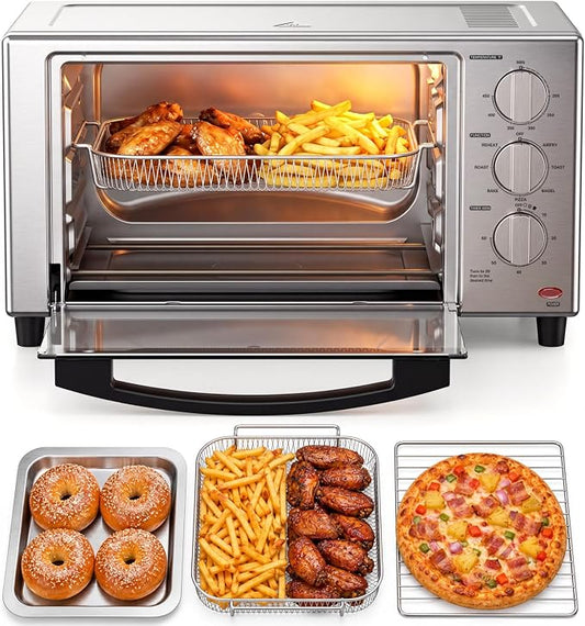 Air Fryer Toaster Oven with Grill, 23 QT Quiet Convection Oven Countertop, 7 Presets, Air Fry, Toast, Bagel, Bake, Roast, Fits 12" Pizza, Stainless Steel