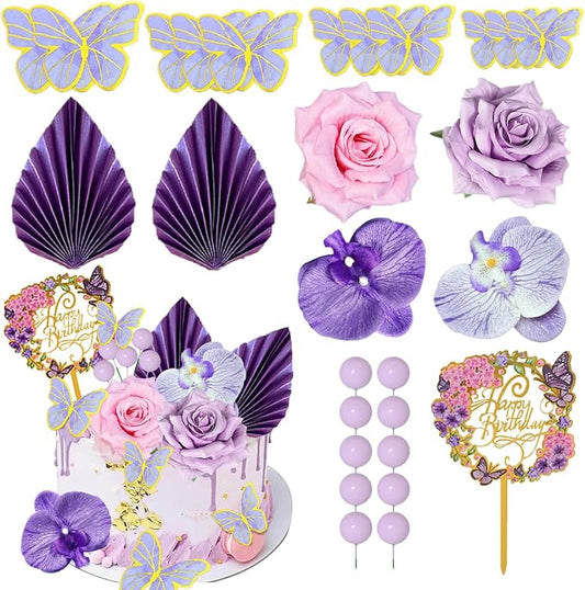 27 PCS Flower Cake Decorations Purple Cake Decorations Boho Butterfly Cake Toppers with Rose Artifical Flowers Palm Leaves Balls Happy Birthday Cake Topper for Birthday Party Wedding Baby Shower