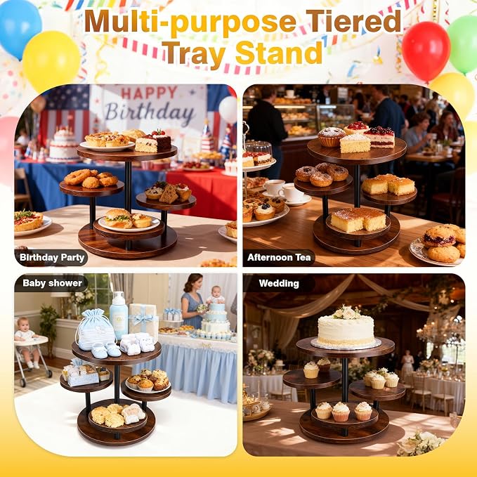 CMOOD 4 Tier Round Cupcake Tower Stand, Wooden Cupcake Stands for 50 Cupcakes, Rotatable Wood Dessert Display with Tiered Tray, Wooden Cake Tier Stand for Wedding Birthday Party Graduation
