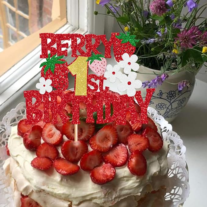 1 Pack Berry 1st Birthday Cake Topper Red Glitter Flower Strawberry Frist Birthday Cake Pick for Fruit Strawberry One Theme Baby Shower Kids Birthday Party Strawberry Party Cake Decorations Supplies