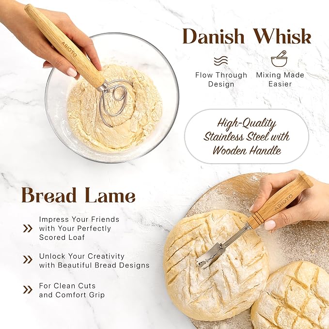 ABIOTO Sourdough Bread Baking Kit - 14-Piece Set with 10" Round & 11" Oval Rattan Banneton Proofing Baskets, Liners, Bread Lame, Danish Whisk & Scrapers for Home Bakers
