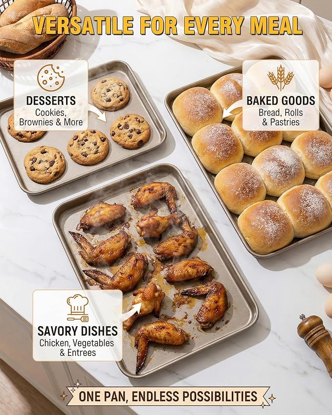 Heavy-Duty Nonstick Baking Sheet, 0.8mm Thick Warp-Resistant Cookie Sheets, Carbon Steel, 3 Pack Half Sheet Pan for Cookies and Pizza (Champagne Gold)