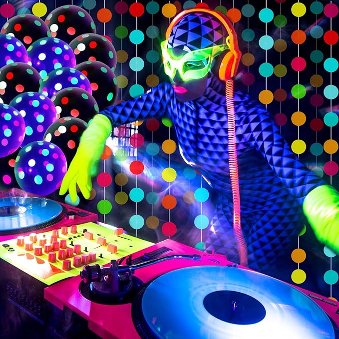 Skylety 32 Pcs Glow in The Dark Party Supplies Neon Party Favors with 25 Fluorescent Balloon 6 Rolls 98.4 ft UV Blacklight Luminous Tape 14.4 ft Neon Streamer Garland for Adults(Bright Big Dot)