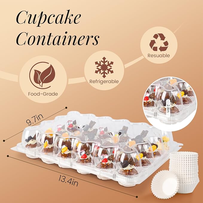Mini 24 Count Cupcake Containers 15 Pack with 360 Pack Cupcakes Liners, Plastic Cupcake Holder, Stackable Mini Cupcake Boxes Carrier, Clear Disposable Cupcake Trays, High Dome