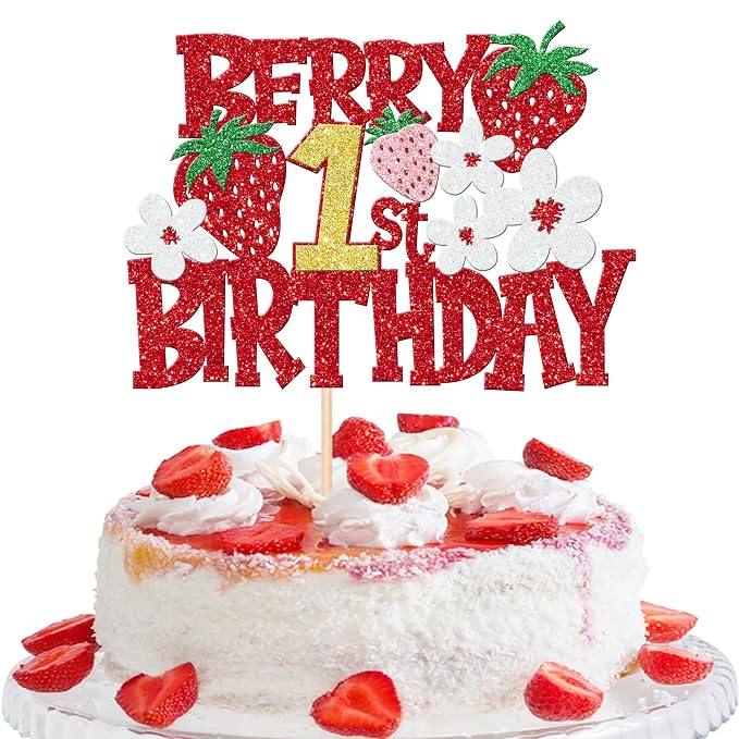 1 PCS Berry 1st Birthday Cake Topper - Red Glitter Flower Fruit Sweet One Strawberry Cake Pick - First Birthday Cake Decoration for Baby Shower Party Decorations Supplies