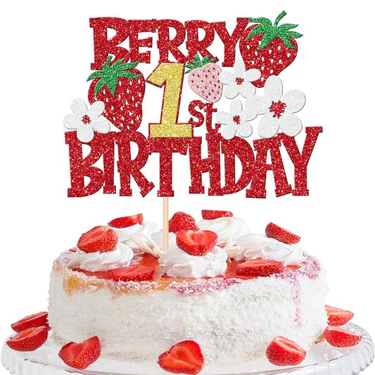 1 PCS Berry 1st Birthday Cake Topper - Red Glitter Flower Fruit Sweet One Strawberry Cake Pick - First Birthday Cake Decoration for Baby Shower Party Decorations Supplies