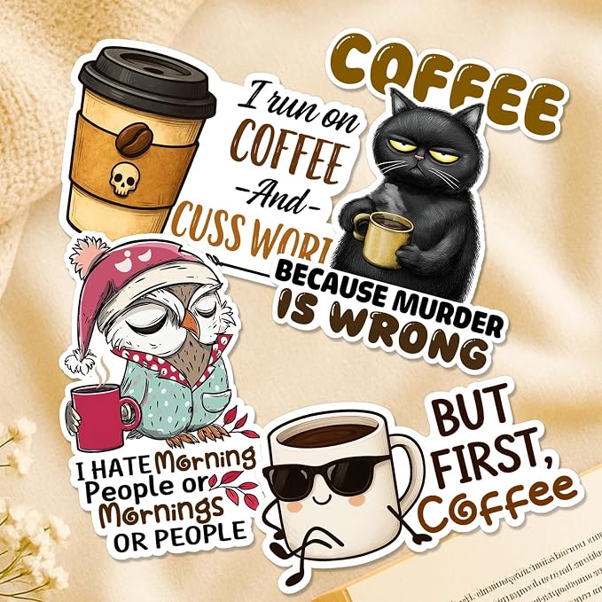 (4 Pcs) Coffee Stickers - Funny Coffee Stickers for Water Bottles, Cars, Laptop, Scrapbook - Coffee Sticker for Coffee Lovers, Espresso Lovers, Women, Men