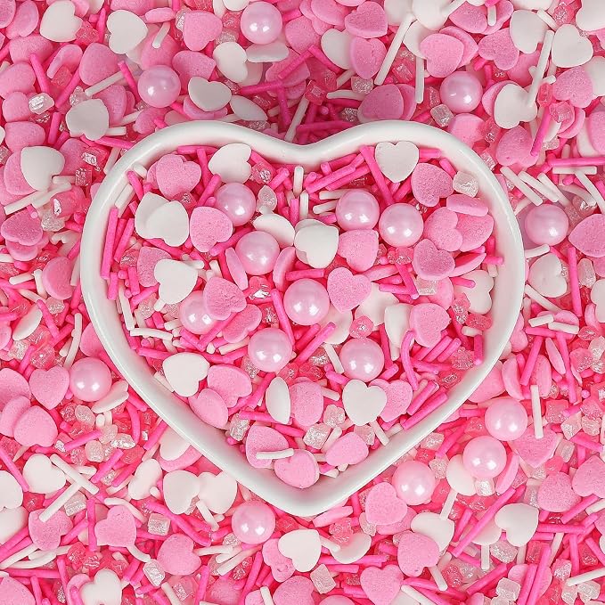 Edible Heart Sprinkles,Pink White Sprinkles -130g,Edible Heart Shaped Sprinkle,Pearl,Jimmies and Sugar Crystals Mix for Baking,Light Pink Cupcake Toppers,Cake,Candy,Cookie Decorations,Donuts Ice Cream Dessert Decorating,Wedding Birthday Party Supplies
