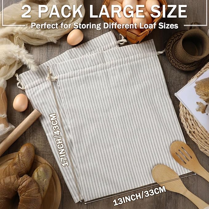 2 Pcs Linen Bread Bags for Homemade 13 x 17 Inches Sourdough Bread Container Reusable Linen Storage Bag with Plastic Saver Natural Large Storage for Artisan Bag(Retro Style)
