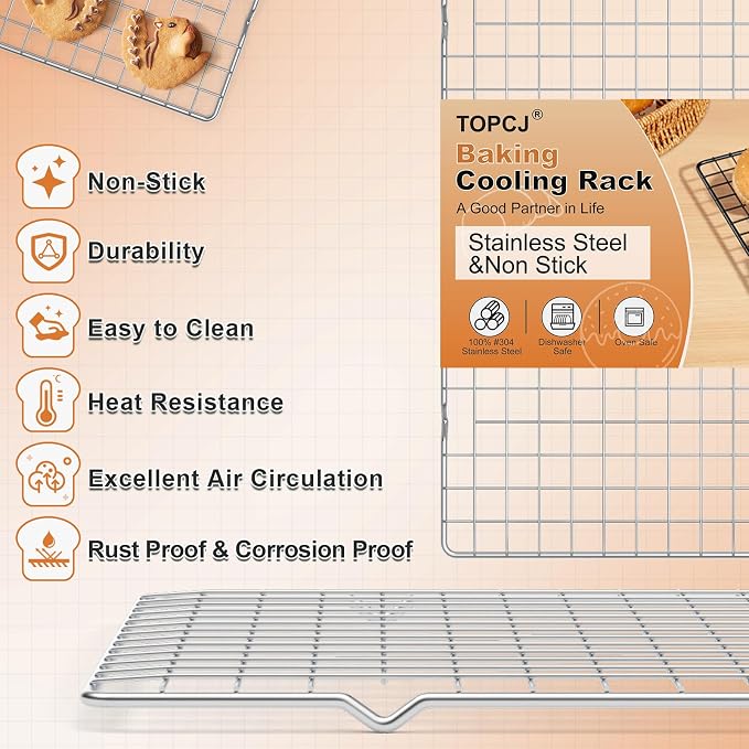 TOPCJ 2PCS Cooling Rack for Baking, 10”X15” Heavy Duty Wire Rack for Grilling,Baking, Roasting,Cooking,Non-Stick,For Jelly Roll Baking Trays,Multi-Purpose Drainer Rack,Stainless Steel,Silver