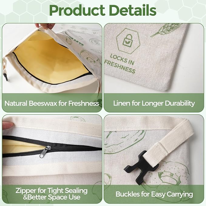 YARRAMATE Reusable Beeswax Bread Bags for Homemade Bread & Sourdough, 2 Pack XL 17x13in Linen Organic Bread Storage Bags with Zipper for Loaf, Baguette, Bagels and Sandwich Bread, Freezer Safe, Green