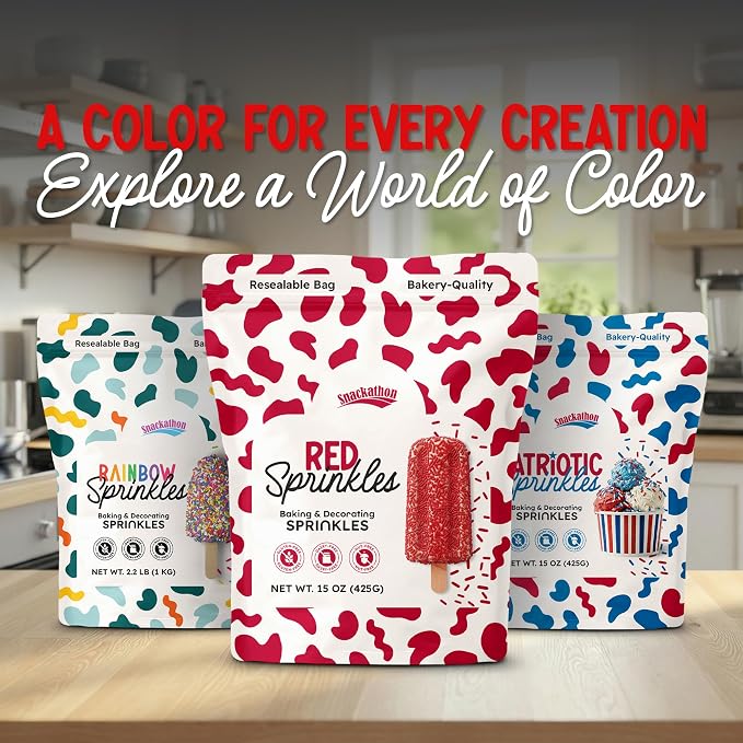 Snackathon Red Sprinkles for Baking & Decorating, 15 oz Vibrant Red Jimmies in Resealable Pouch – Gluten Free Sprinkles for Cakes, Ice Cream Toppings & Desserts