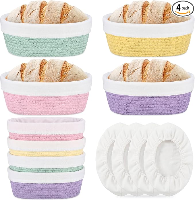 4 Pcs 10 Inch Bread Proofing Basket Set Cotton Rope Oval Banneton Basket Sourdough Bread with Liners Covers for Baking Supplies (Rich Color)