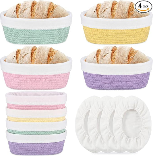 4 Pcs 10 Inch Bread Proofing Basket Set Cotton Rope Oval Banneton Basket Sourdough Bread with Liners Covers for Baking Supplies (Rich Color)