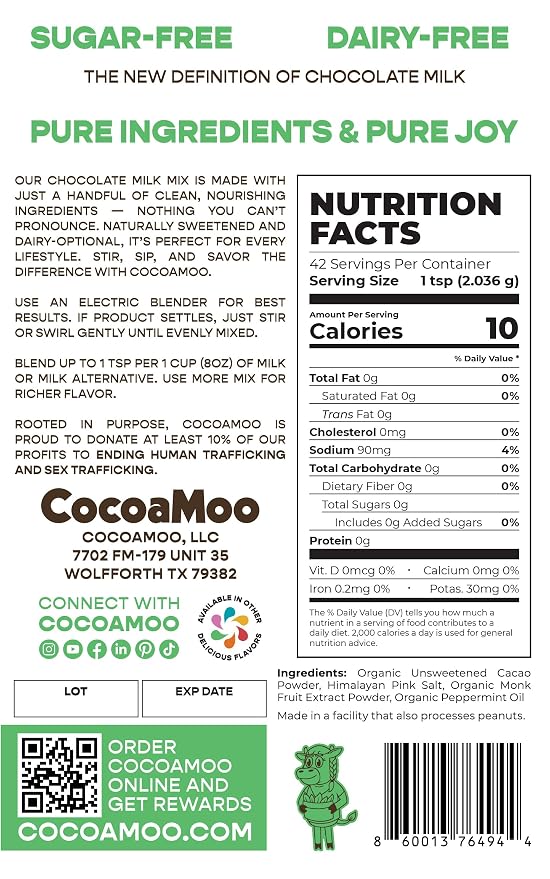MintyMoo Sugar-Free, Dairy-Free Mint Chocolate Milk Mix, Organic Cacao Powder with Monk Fruit Extract, No Added Sugar, No Gums or Fillers, Easy to Blend Powder (by CocoaMoo)
