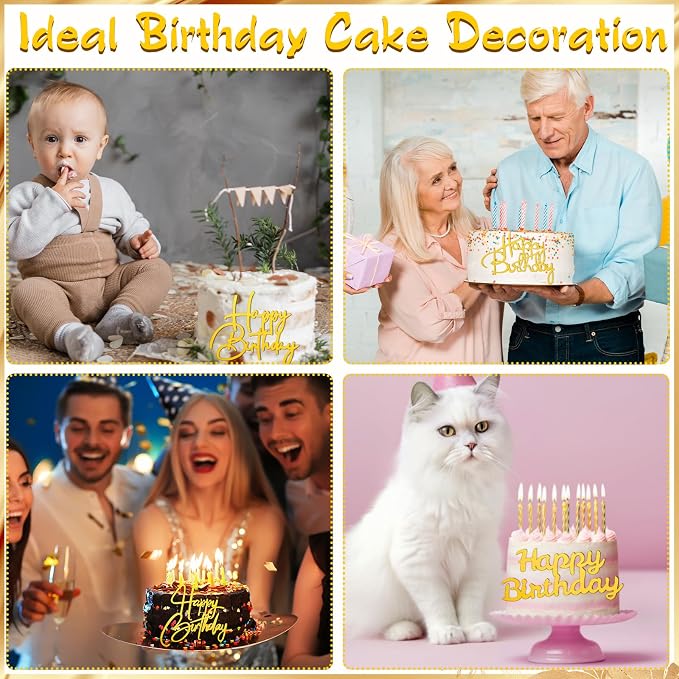 Barydat 50 Pcs Happy Birthday Cake Toppers Bulk Mirror Acrylic Cupcake Topper Decorations Happy Birthday Sign for Cake Inserts Decor Celebrate Anniversary Theme Party Supplies 10 Style(Gold)
