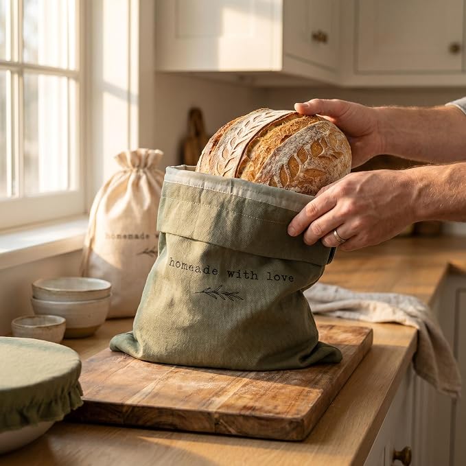 KIBAGA Beautiful Linen Bread Bag Set and Proofing Cover For Homemade Sourdough Bread - Keeps Your Loaf Fresh for Days - Reusable and Easy to Clean Storage Bag, The Perfect Baking Accessories