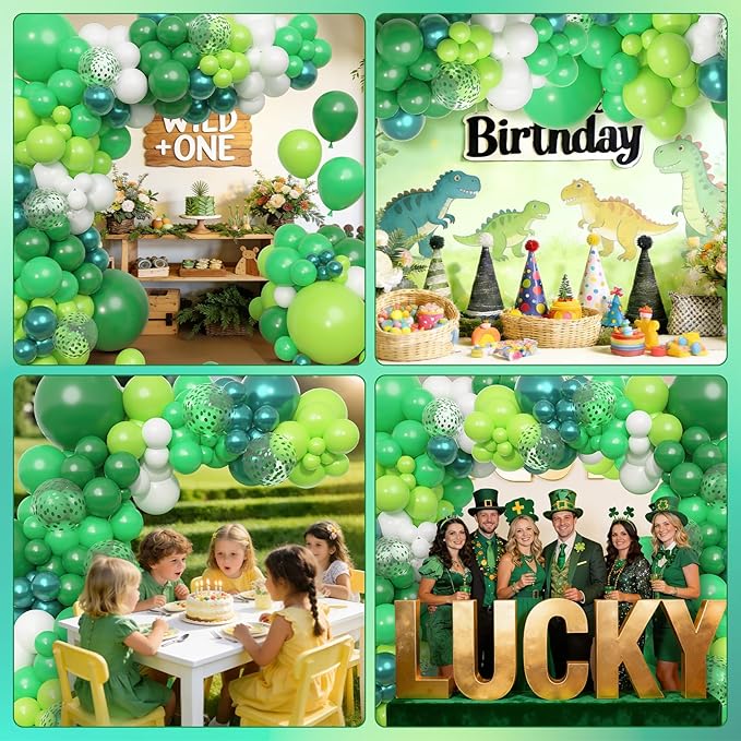 Amandir 153pcs Green Balloon Garland Arch Kit, Different Sizes 18 12 10 5 inch Dark Lime Green Latex Metallic Confetti St Patrick's Day Balloons for Safari Jungle Shower Birthday Party Decorations