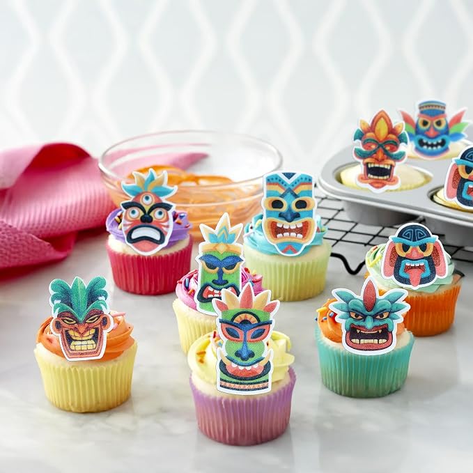 Ephlyn 54Pcs Edible Tiki Tribal Masks Cupcake Toppers Wafer Paper Hawaiian Tropical Tiki Totem Cupcake Picks Summer Aloha Birthday Cupcake Decorations Party Supplies Multicolor