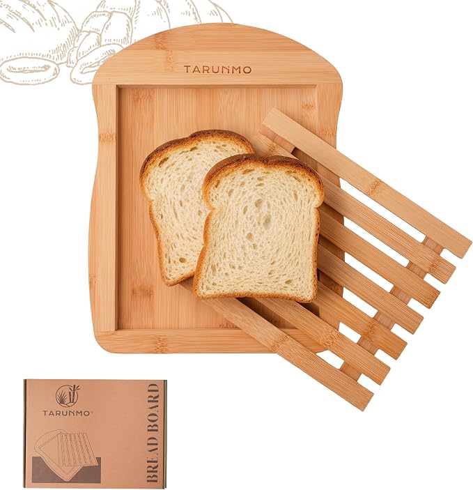 Bamboo Bread Board with Crumb Tray, 13 x 10 Inch Bread Cutting Board for Sourdough, Challah and Homemade Loaves, Natural Bamboo Bread Serving Tray