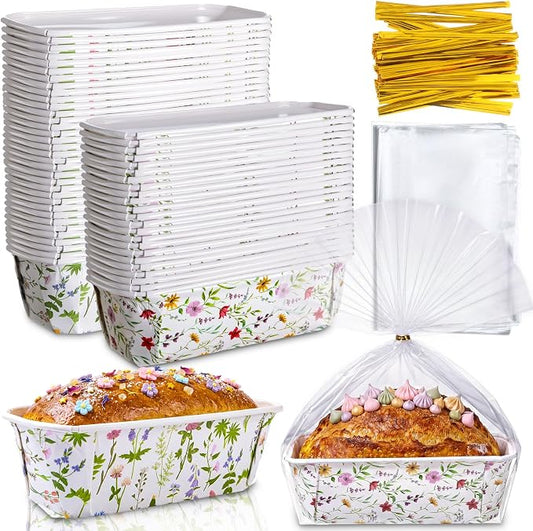 Hushee 50 Sets Wildflower Paper Loaf Pans with Bags & Ties, 6.3x2.2x2.2" Disposable Mini Bread Baking Molds, Colorful Floral Spring Cake Liners for Mother's Day Easter Garden Party Gifts