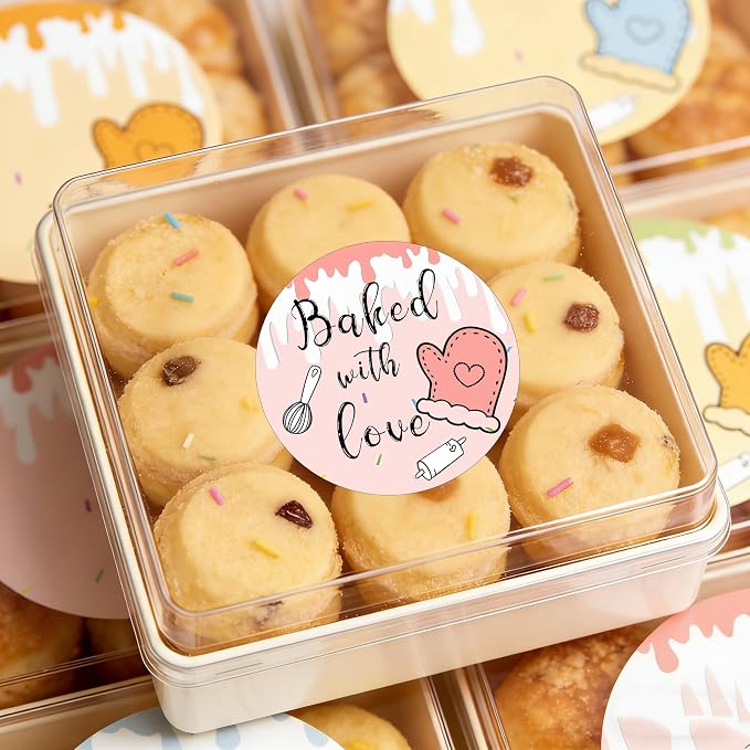 500 Pcs Baked with Love Stickers 2 Inch Round Hand Made with Love Labels 4 Unique Design Perfect for for Cookie Cupcake Stickers,Homemade Bakery Bread Bags Labels